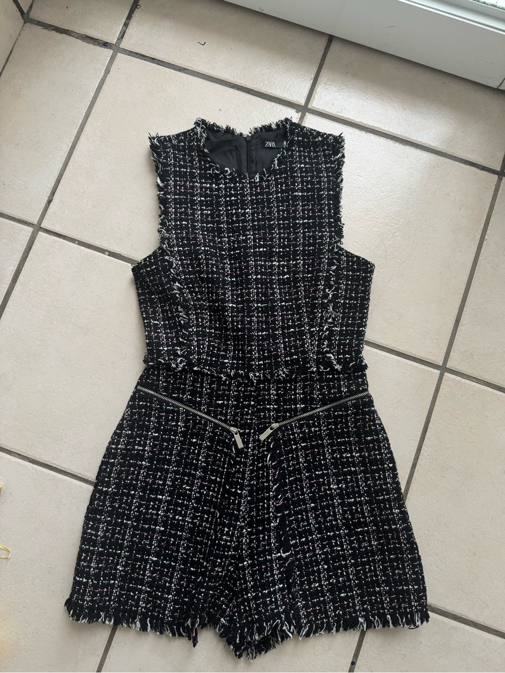 Zara Black Tweed Sleeveless Romper with Subtle Threading
